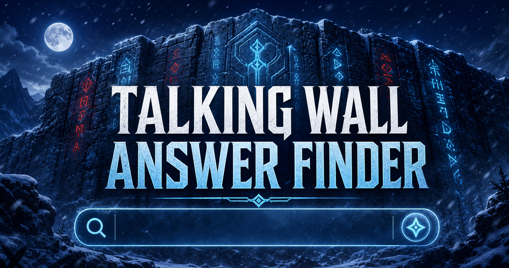 Talking Wall Answer Finder artwork with a moonlit rune-covered frozen wall